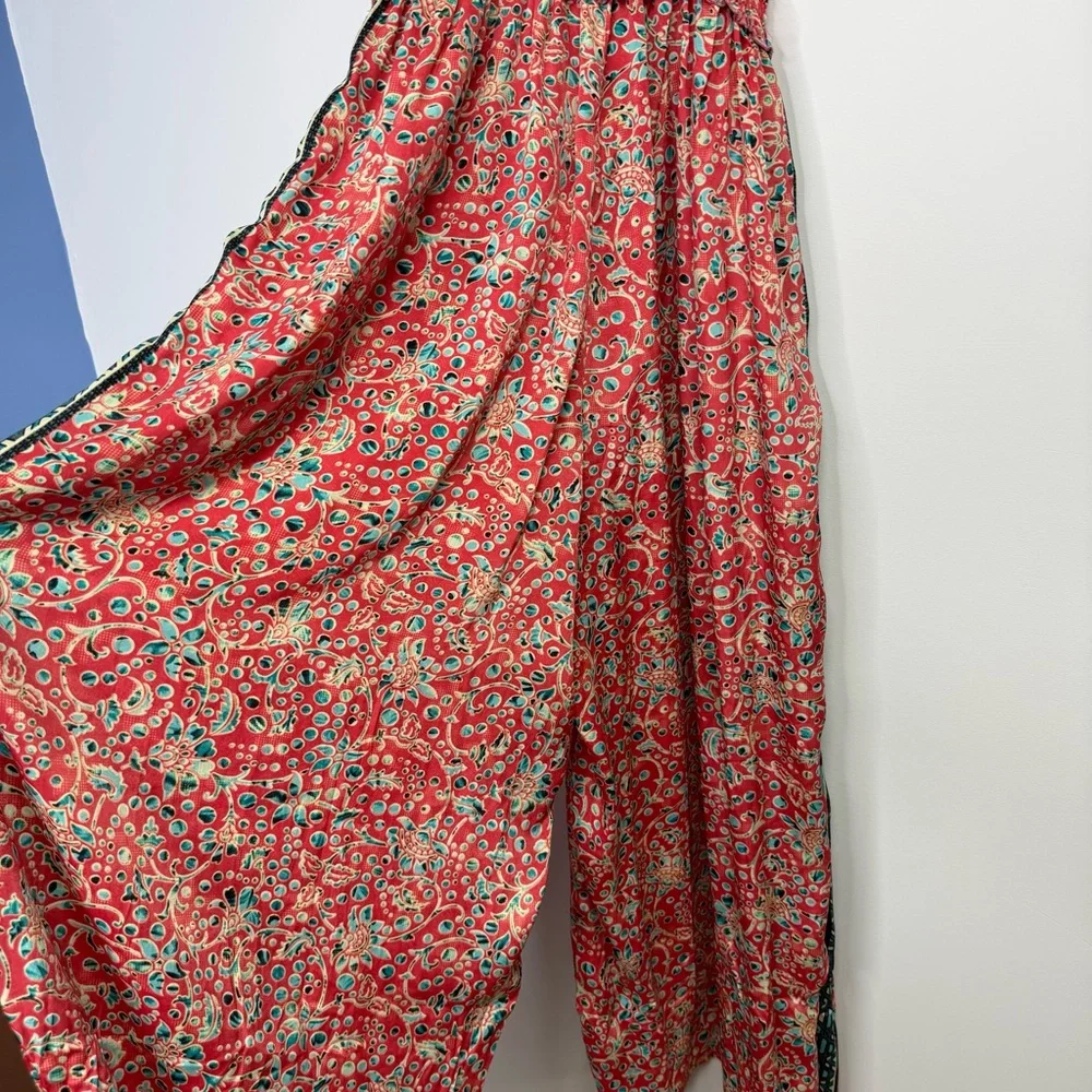 Karma Highway Smocked‎ Bust Tie Strap Jumpsuit Red Teal Print One Size